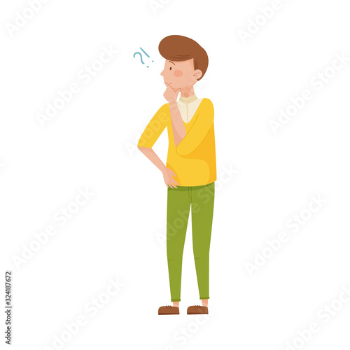 Young Dark-haired Man Standing with Thoughtful Expression on His Face and Question Mark Vector Illustration