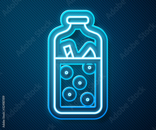 Glowing neon line Mulled wine with ingredients icon isolated on blue background. Cinnamon stick, clove, lemon slice. Vector Illustration