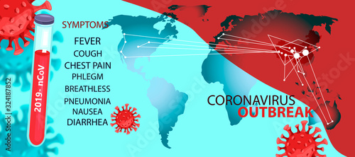 Vector stock banner with test tube, list of symptoms of 2019-nCoV and coronavirus images. Map of the world is divided into two parts in red and blue. White lines and dots indicate affected areas