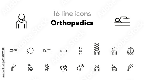 Orthopedics icon set. Line icons collection on white background. Spine, bone, fracture. Medicine concept. Can be used for topics like healthcare, diagnosis, osteoporosis