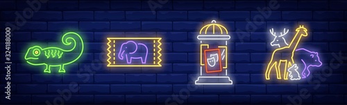 Circus or zoo neon sign set. Iguana, giraffe, poster, ticket. Vector illustration in neon style, bright banner for topics like performance, entertainment, wild animals