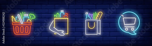 Food shopping neon sign set. Basket, bag, product, online order. Vector illustration in neon style, bright banner for topics like supermarket, market, grocery shop