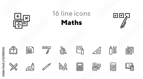 Math line icon set. Set of line icons on white background. Calculation concept. Calculator, pencil, protractor. Vector illustration can be used for topics like school, college, education