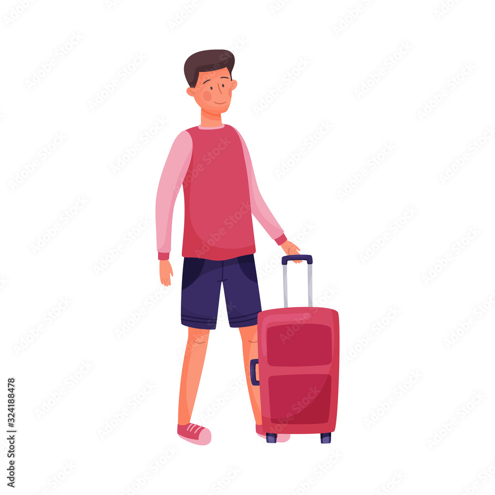 Traveling Dark-haired Young Man Standing Near Suitcase and Waiting Vector Illustration Traveling Dark-haired Young Man Standing Near Suitcase and Waiting Vector Illustration