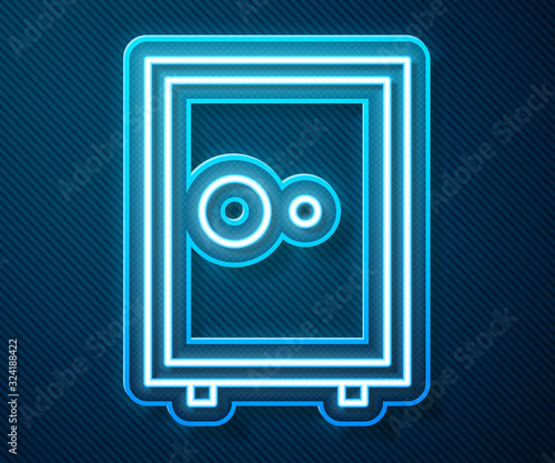 Glowing neon line Safe icon isolated on blue background. The door safe a bank vault with a combination lock. Reliable Data Protection. Vector Illustration