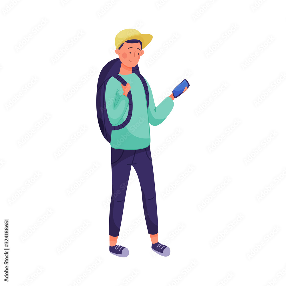 Young Boy Standing with Backpack Going to Camp Trip Vector Illustration Young Boy Standing with Backpack Going to Camp Trip Vector Illustration