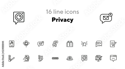 Privacy line icon set. Judge gavel, censored content, camera. Privacy concept. Can be used for topics like personal data, safety, protection