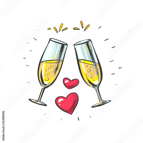 Pair of sparkling champagne glasses with two hearts