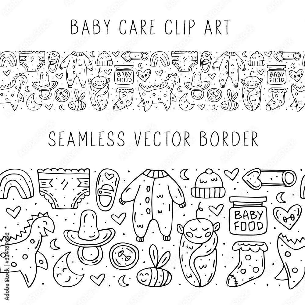 Baby care stuff, clothes, toys cartoon cute hand drawn doodle vector seamless border, pattern, texture, backdrop. Funny monochrome design. Isolated on white background. Kids decorative elements. Baby care stuff, clothes, toys cartoon cute hand drawn doodle vector seamless border, pattern, texture, backdrop. Funny monochrome design. Isolated on white background. Kids decorative elements.