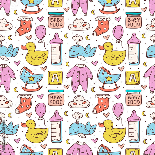 Baby care stuff, clothes, toys cartoon cute hand drawn doodle vector seamless pattern, texture, backdrop. Funny colorful design. Isolated on white background. Kids decorative design elements. 