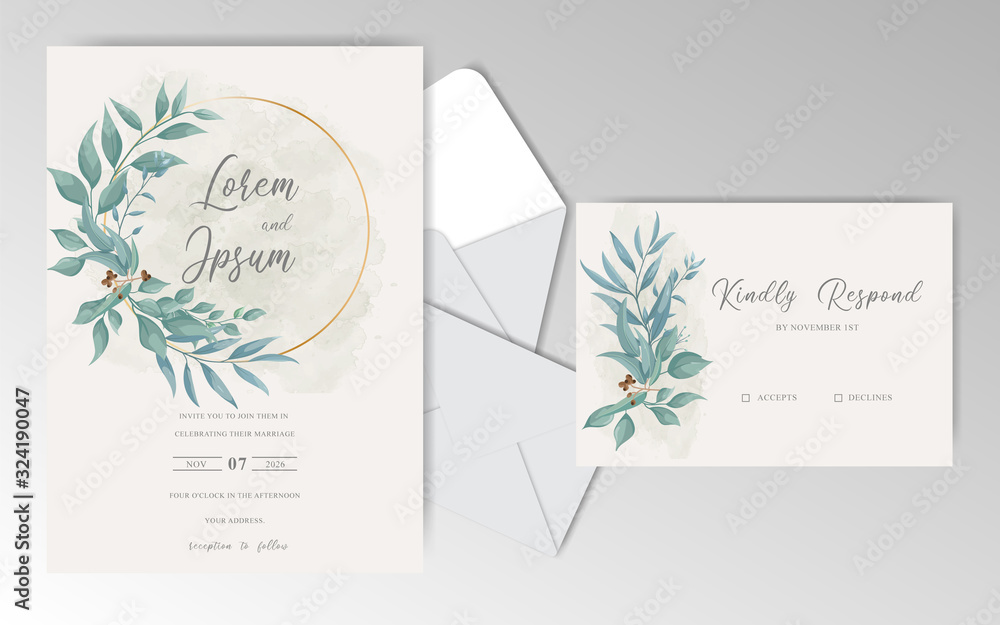 Vintage Wedding Invitation Cards Template with Greenery Leaves