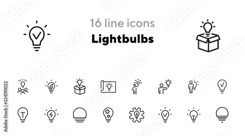 Lightbulbs line icon set. Set of line icons on white background. Fresh idea, lamp, man. Creativity concept. Vector illustration can be used for topics like business, development, science