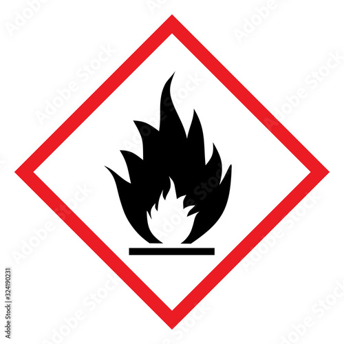 Flammable CLP hazard symbol. Diamond shape red border and white background. Perfect for backgrounds, backdrop, sign, icon, symbol, poster, sticker, label and wallpapers. photo