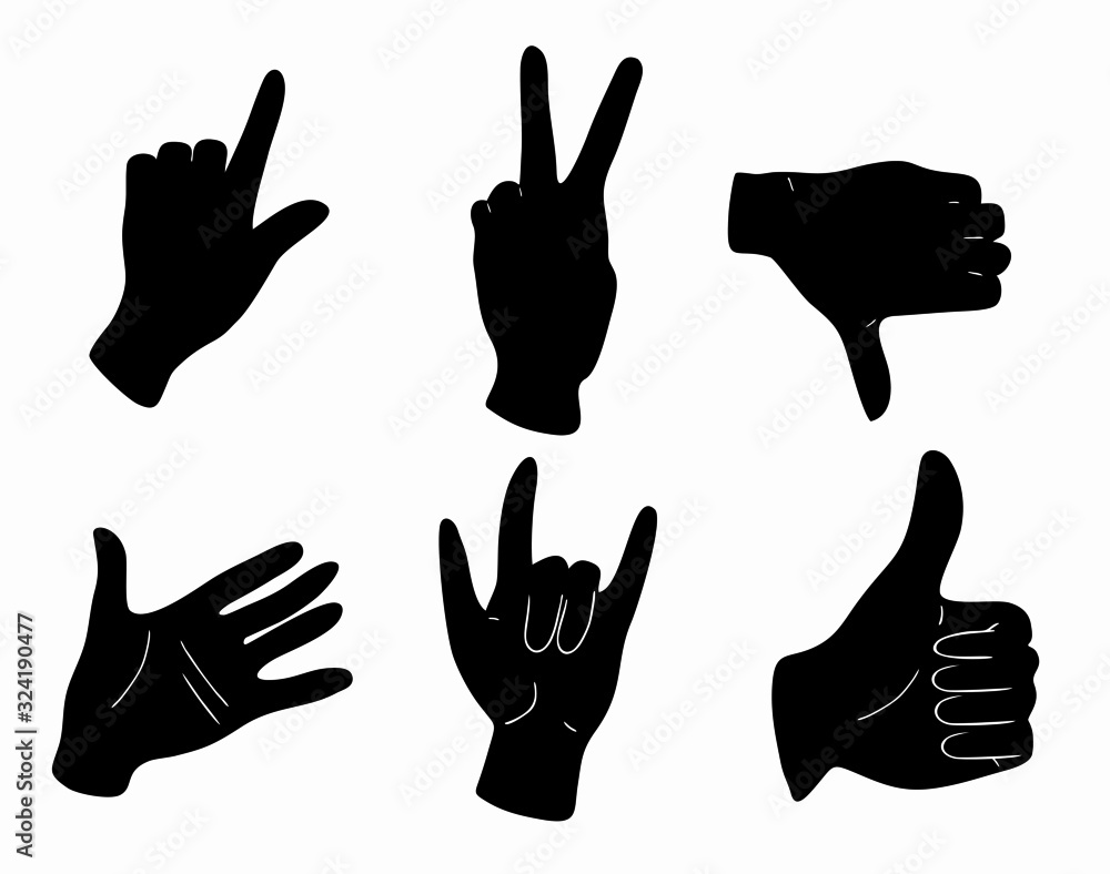 Fototapeta premium Monochrome set of hand gestures, isolated vector on white background. 