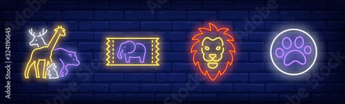 Circus with animals neon sign set. Ticket, lion, bear, elephant. Vector illustration in neon style, bright banner for topics like performance, entertainment, zoo