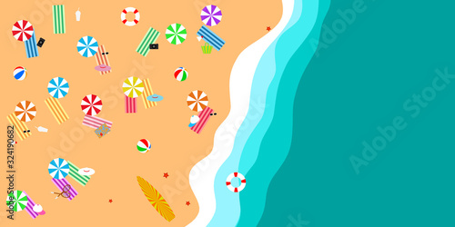 Sandy beach with vacation things near the sea top view 3D illustration with copy space