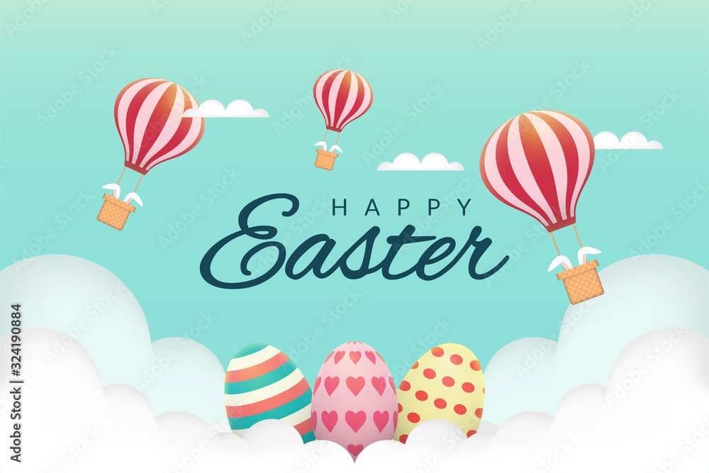 Naklejka premium Happy Easter with blimps and eggs on clouds