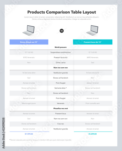 Two products comparison table layout with place for description. Modern flat infographic design template for website or presentation.
