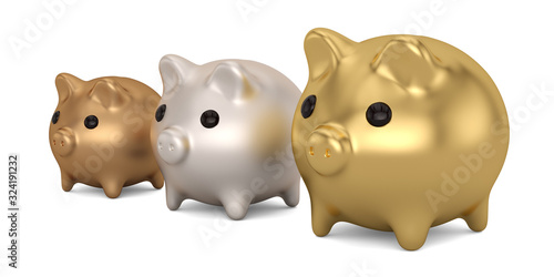 Gold Silver Copper piggy bank 3D rendering isolated on white background