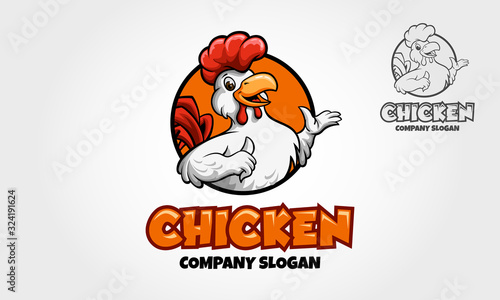 Chicken Mascot Logo. A happy Cartoon Rooster chicken giving a thumbs up in a circle graphic photo