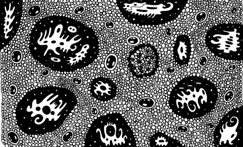 Aliens in space. Surreal psychedelic artwork. Ink line art. Psychedelic coloring page for adults. Black and white illustration. Fantasy creatures. Vector artwork