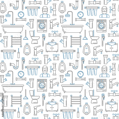 Seamless pattern with line style plumbing icons. Thin line background for plumbing service. Bathroom pattern with outline black icons on white. © Alena