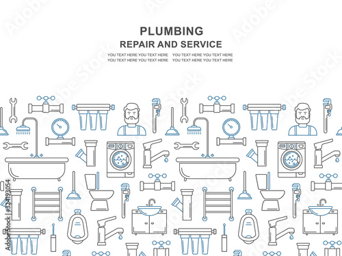 Seamless pattern with line style plumbing icons, place for text. Thin line flyer for plumbing service. Bathroom background with outline black icons on white.