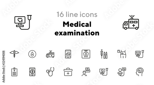Medical examination line icon set. Screening, heart test, weight. Healthcare concept. Can be used for topics like hospital, medical consulting, disease prevention