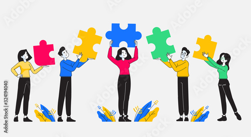 Teamwork, cooperation and partnership. Group of young and stylish people holding colored puzzle pieces on their hand. Business team and diversity concept. Vector illustration