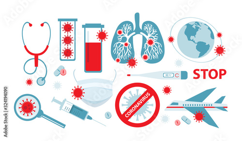 Coronavirus in China. Novel coronavirus 2019-nCoV. Virus quarantine. MERS-Cov middle East respiratory syndrome. Set of different elements on the topic of disease and medicine. Icons for infographics.