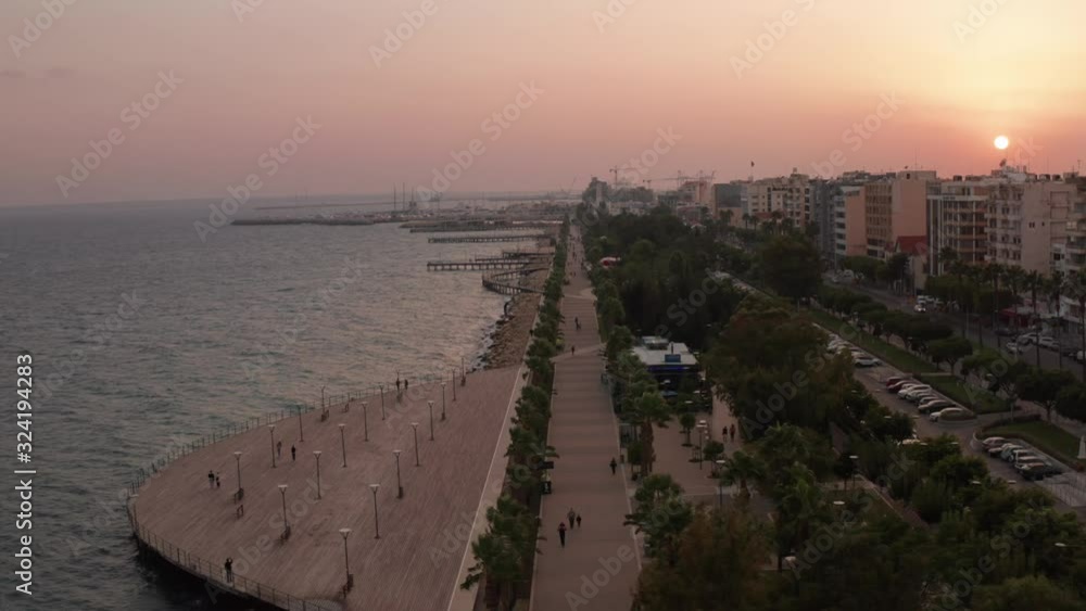 Limassol promenade, Cyprus aerial view at sunset. Evening in Molos Park