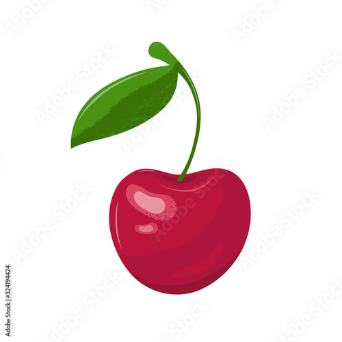 Red cherry in a vector on a white background. Garden berry with a leaf on the stem. Sweet fruit. Berry icon. Hand drawn vector illustration