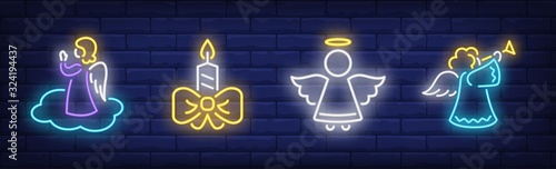 Praying angel neon sign set. Religion, heaven, aureola. Night bright advertisement. Vector illustration in neon style for banner, billboard