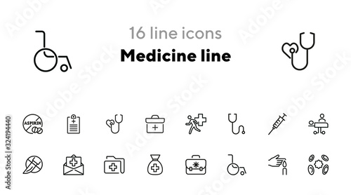 Medicine line icons. Set of line icons on white background. Healthcare concept. Ambulance, syringe, danger. Can be used for topics like pharmacy, medicine, hospital