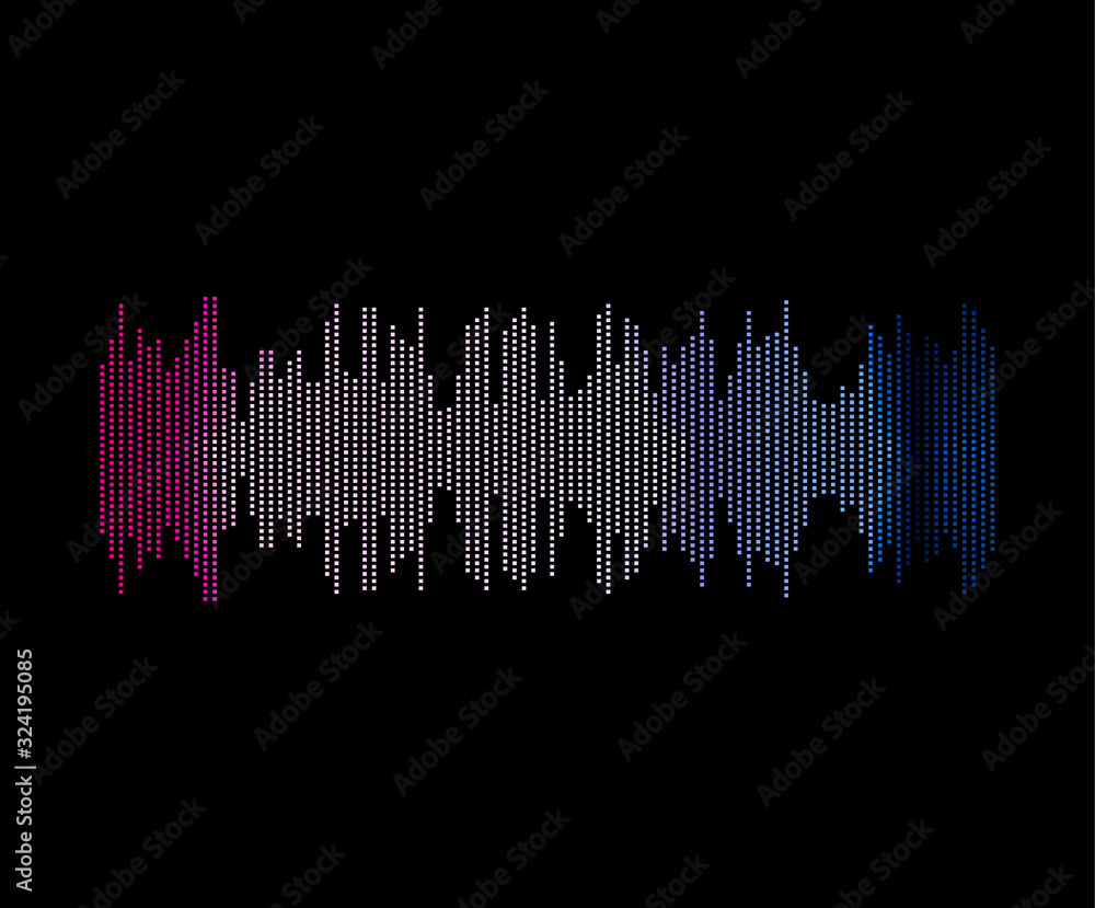 Vector frequency wave, gradient neon light, design element isolated on black background.