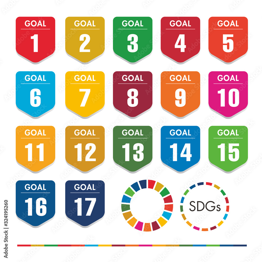 Sdgs Sustainable Development Goals 持続可能な開発目標 の目標17項目それぞれのカラーを使ったゴールに向かう活動イメージアイコン Stock Vektorgrafik Adobe Stock