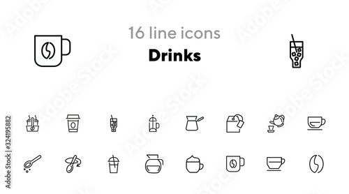 Drinks line icon set. Set of line icons on white background. Meal concept. Teapot, coffee, lemonade. Vector illustration can be used for breakfast, kitchen, cooking