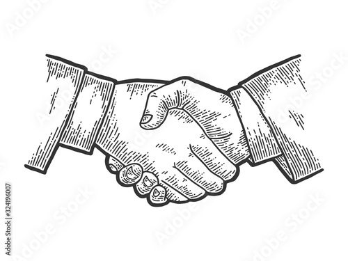 Businessman handshake sketch engraving vector illustration. T-shirt apparel print design. Scratch board imitation. Black and white hand drawn image.