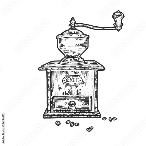 Old coffee grinder sketch engraving vector illustration. T-shirt apparel print design. Scratch board imitation. Black and white hand drawn image.
