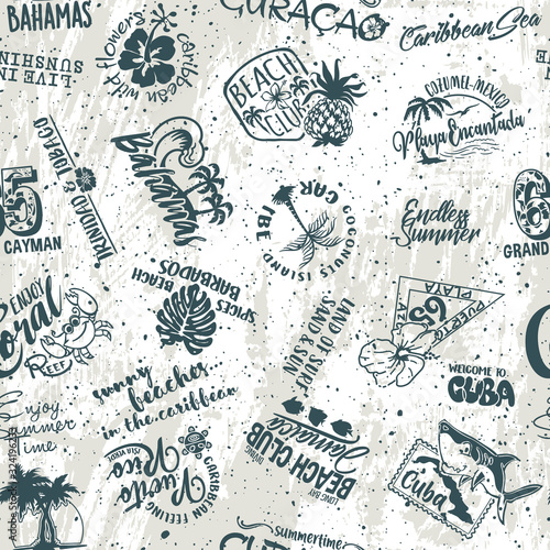 Cute Caribbean islands graphic labels collection with grunge background vector seamless pattern