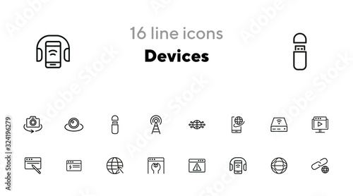 Devices line icon set. Set of line icons on white background. Globe, internet, gadget. Technology concept. Vector illustration can be used for topics like connection, progress