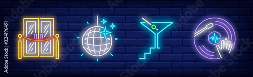 Club neon signs set. Bar, DJ, open ceremony, disco light. Vector illustration in neon style, bright banner for topics like party, nightclub, entertainment