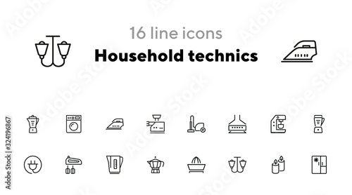 Household technics icons. Set of line icons on white background. Tea pot, mixer, fridge. Home concept. Vector illustration can be used for topics like progress, device, gadget