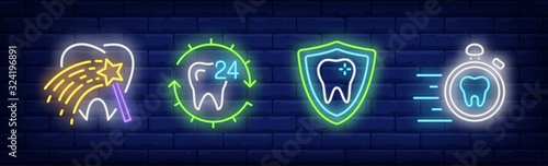 Teeth protection neon sign set. Fairy stick, shield, stopwatch. Vector illustration in neon style, bright banner for topics like dental care, healthcare, stomatology, clinic