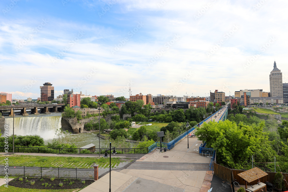 View of the City of Rochester, New York. Ponte De Rennes Bridge and the High Falls waterfall