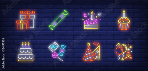 Birthday neon sign set. Gifts, air balloons, hat, cake, cupcake with candle. Vector illustration in neon style, bright banner for topics like party, festive event, celebration