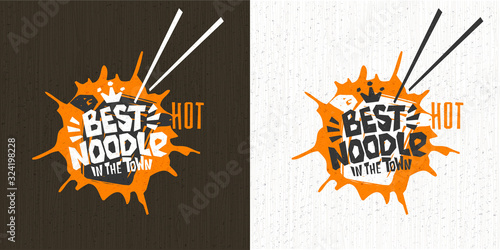 Best noodle asian food logo, Noddle box, hot, lettering, splash, drops, textured background logotype design. Hand drawn vector illustration