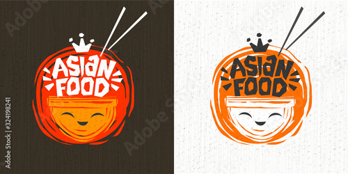Asian food plate smile face logo, Noddle box, hot, lettering, splash, drops, textured background logotype design. Hand drawn vector illustration