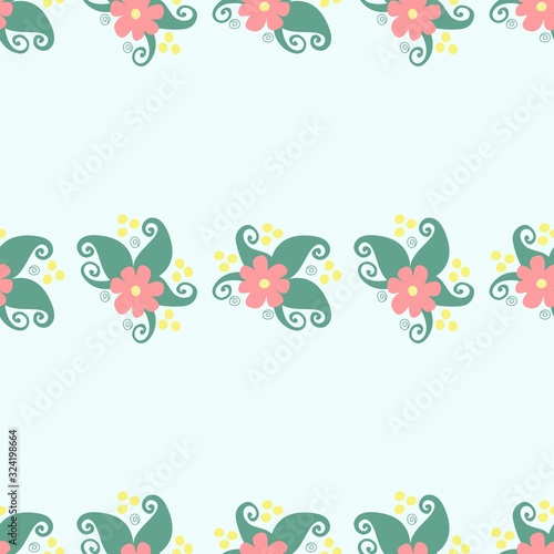 Simple illustration fairy flower vector seamless pattern collection. Colorful floral elements on white, pink or green background. 