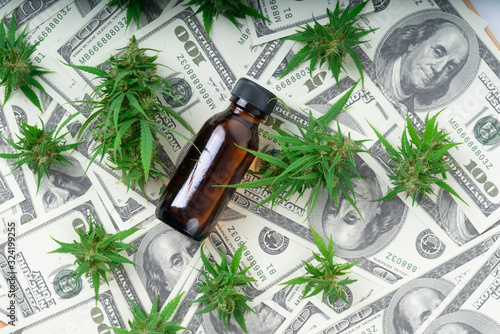 cannabis with cannabidiol extract on hundred dollar banknote